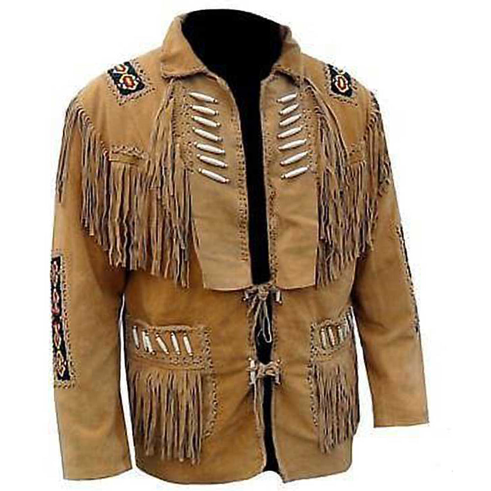 Veste en cuir à franges style western cowboy marron clair pour homme