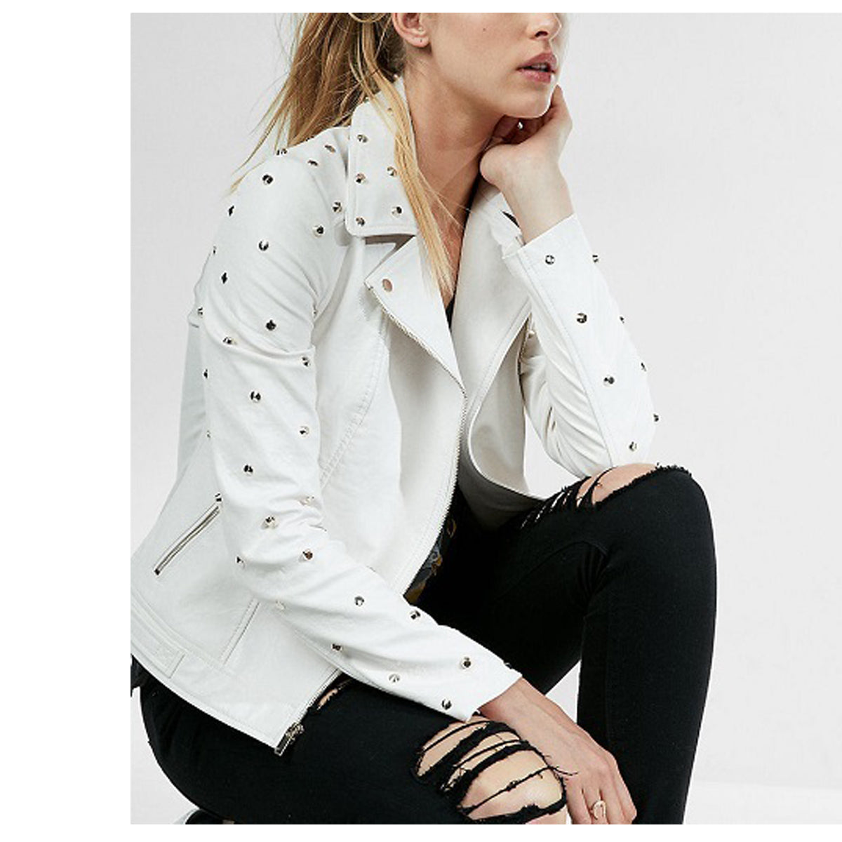 Veste de soirée en cuir blanc clouté doré pour femme