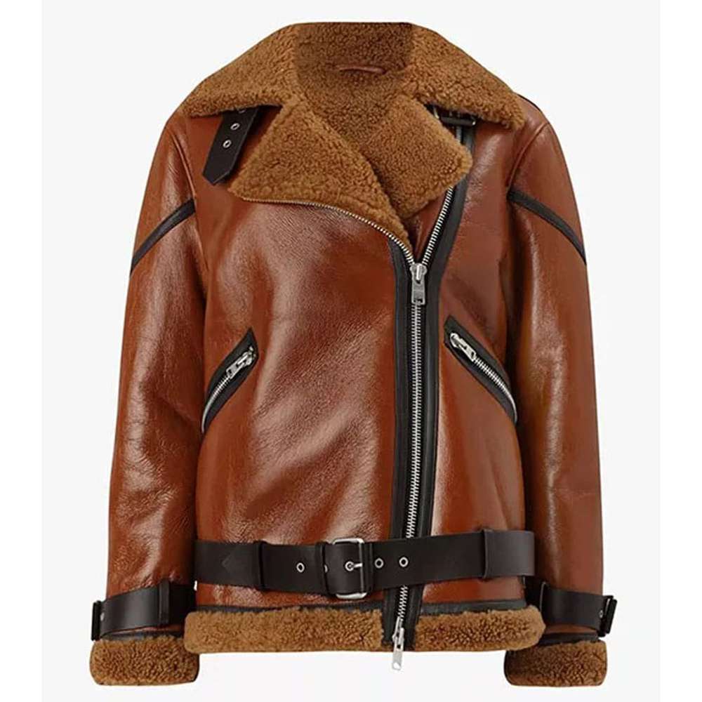 Veste motard en cuir et peau de mouton marron B3 pour femme