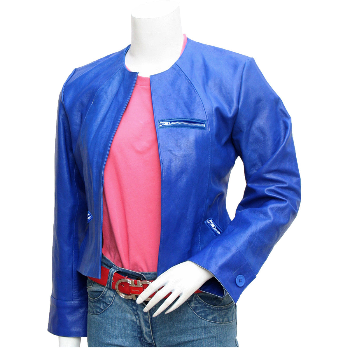 Veste sans col en cuir bleu pour femme