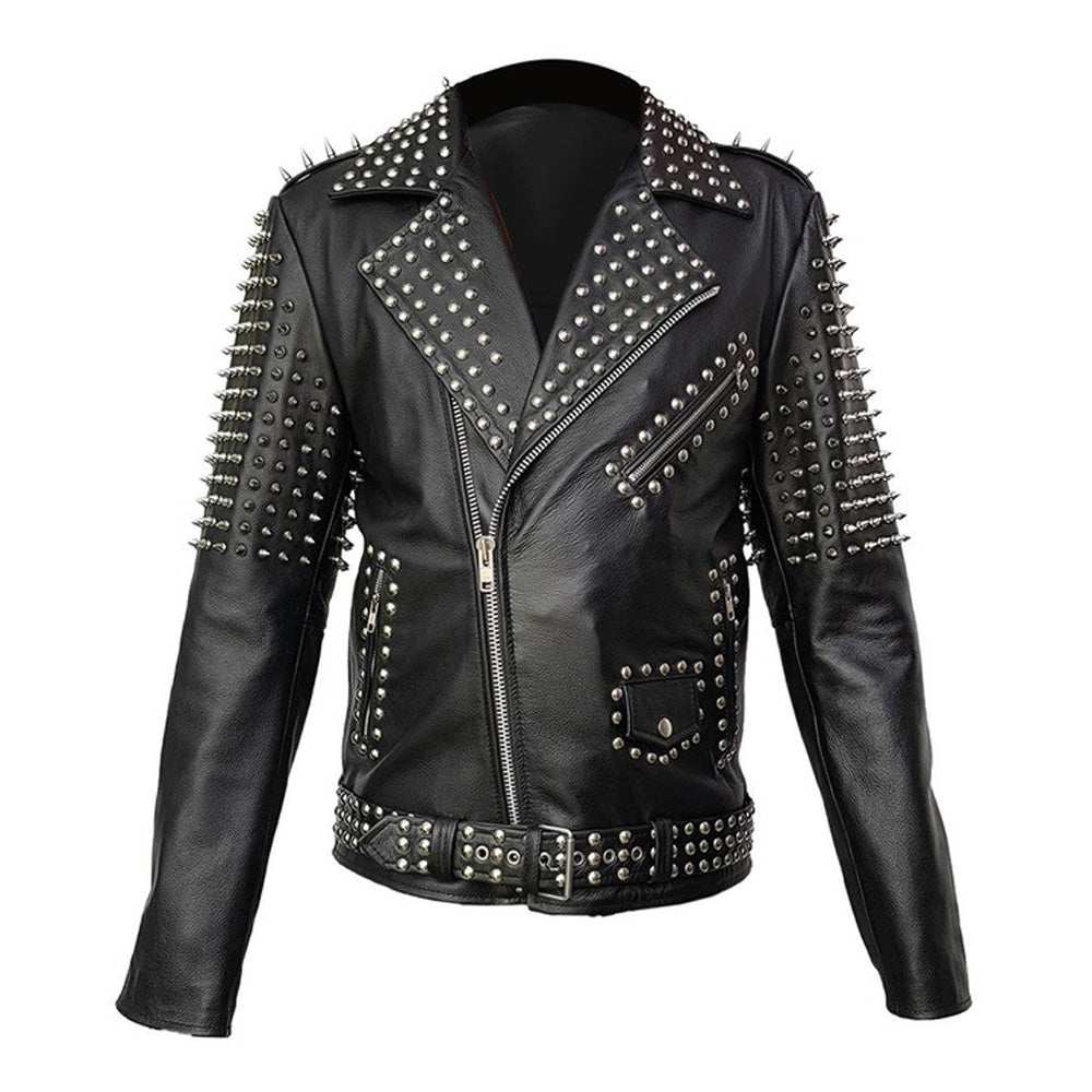 Veste en cuir véritable pour homme, veste de style punk à clous