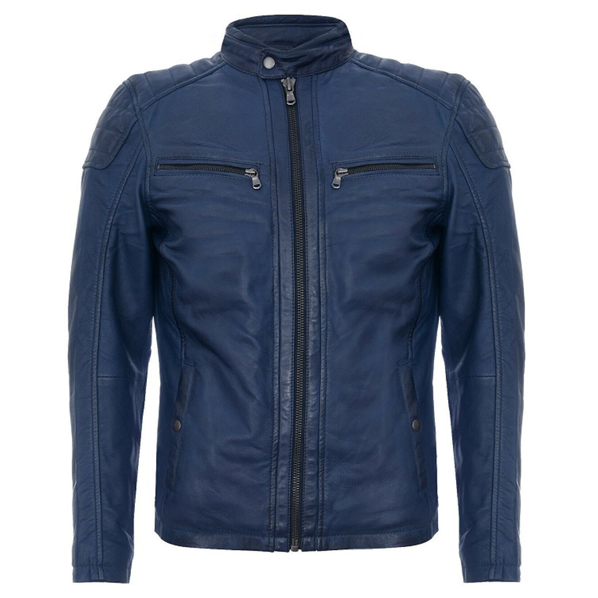 Veste de moto en cuir bleu souple pour homme