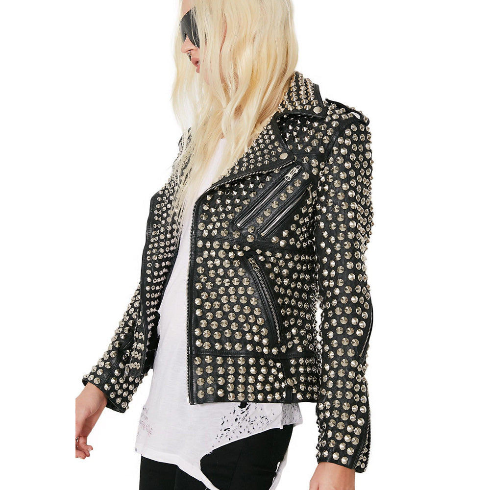 Veste en cuir cloutée argentée pour femme Rock Star