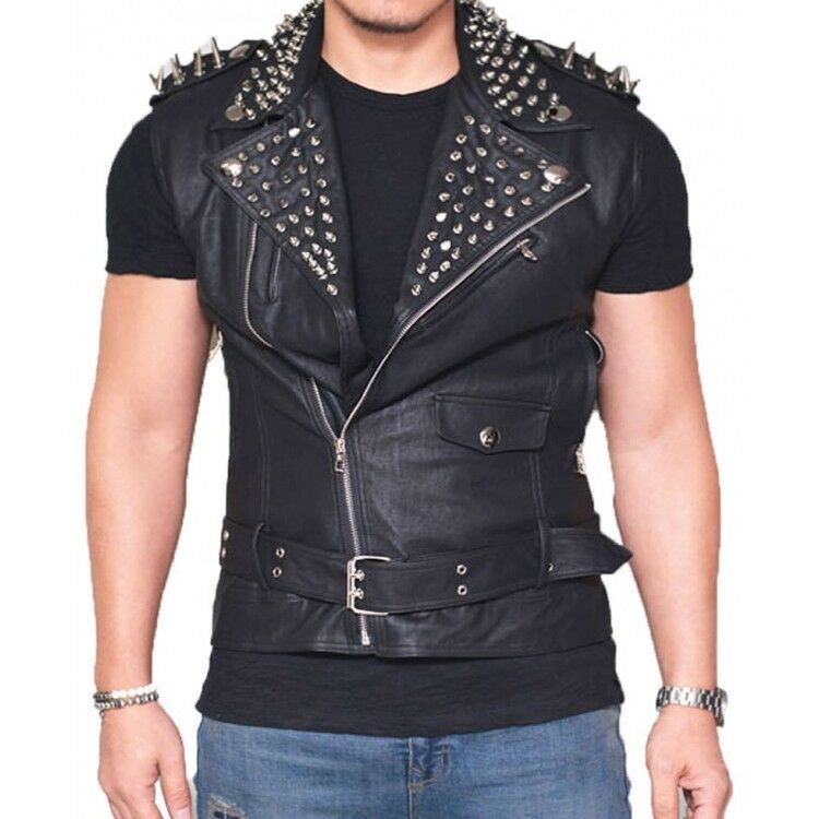 Gilet punk en cuir véritable noir pour homme avec pointes argentées