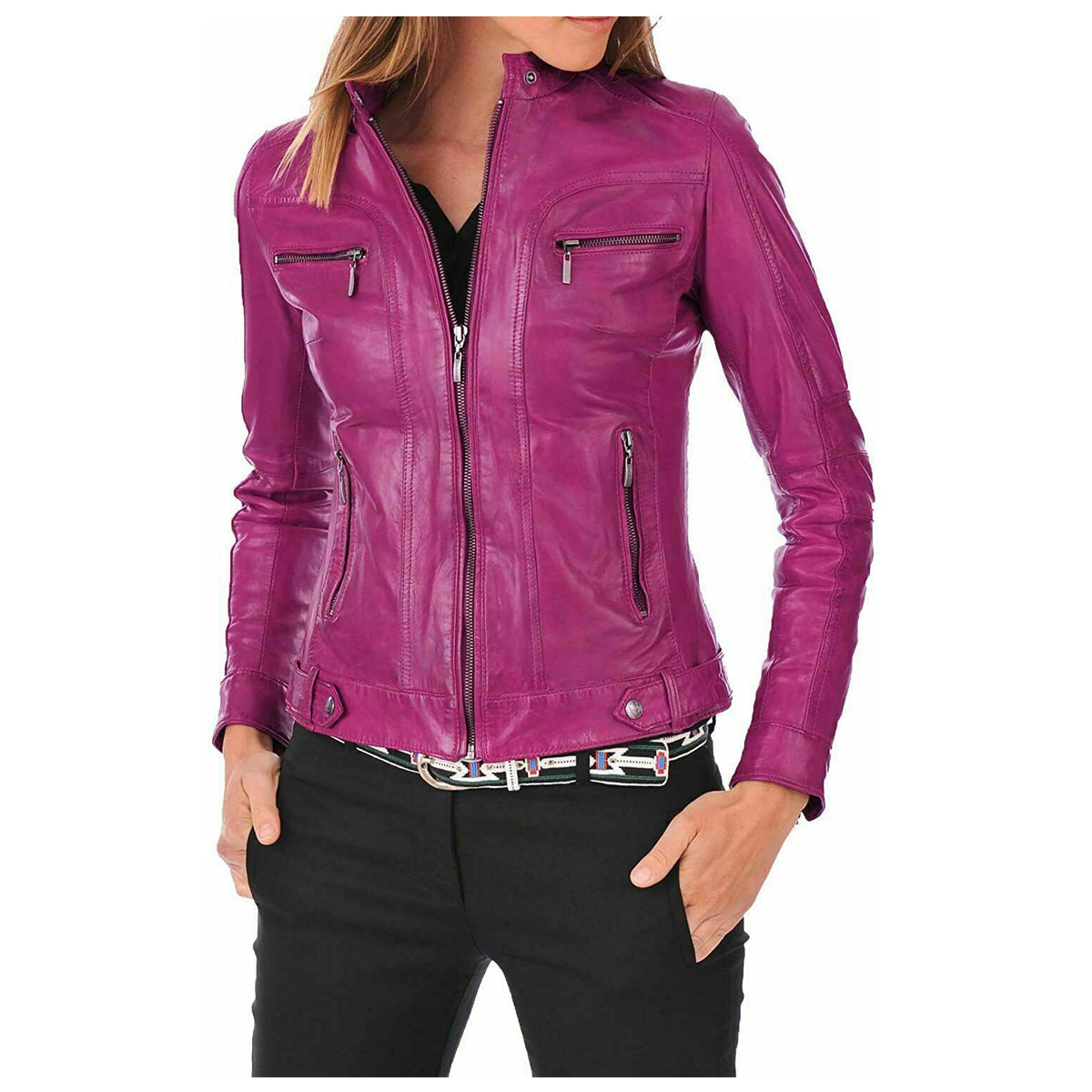 Veste de moto en cuir d'agneau à la mode pour femme