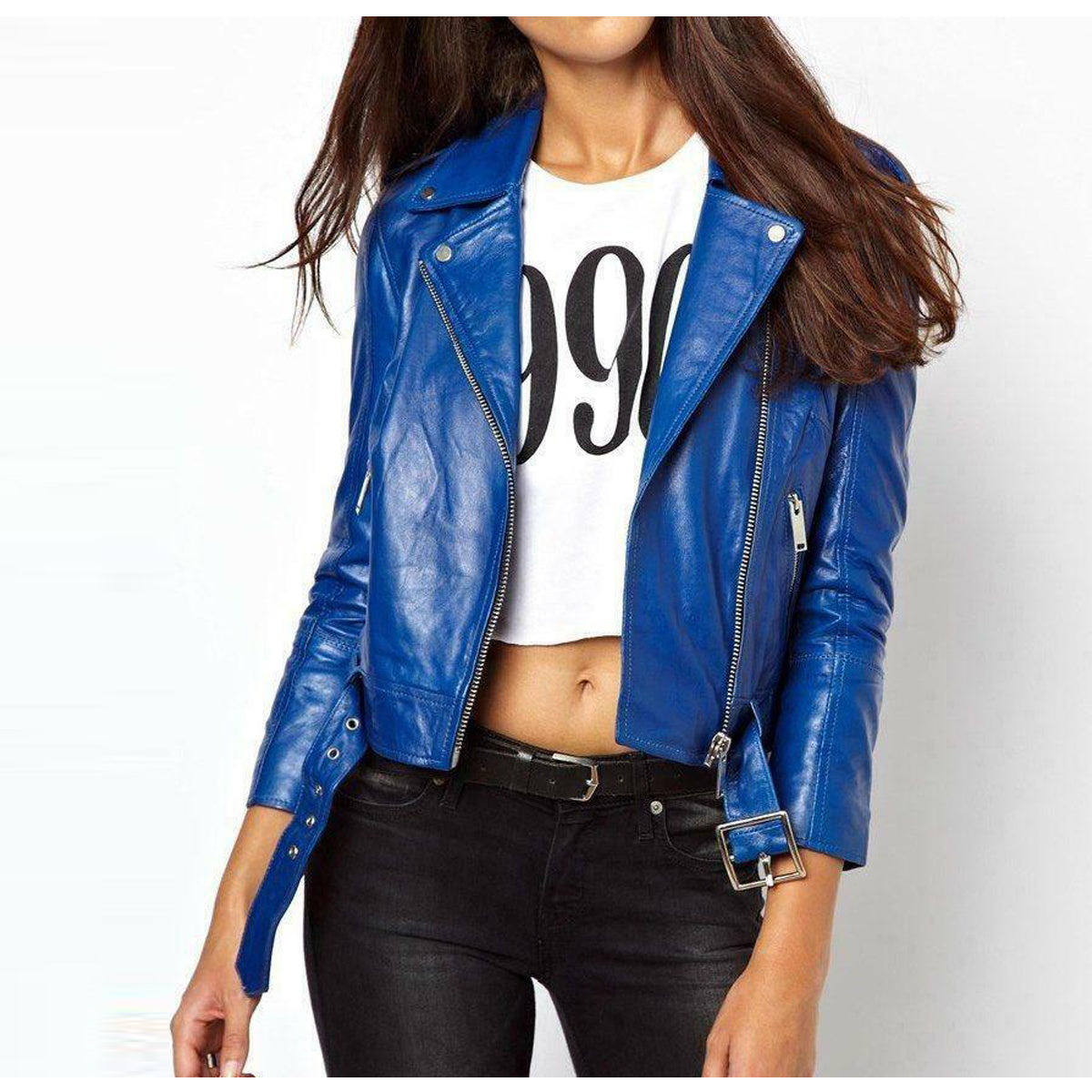 Veste de moto en cuir bleu classique pour femme