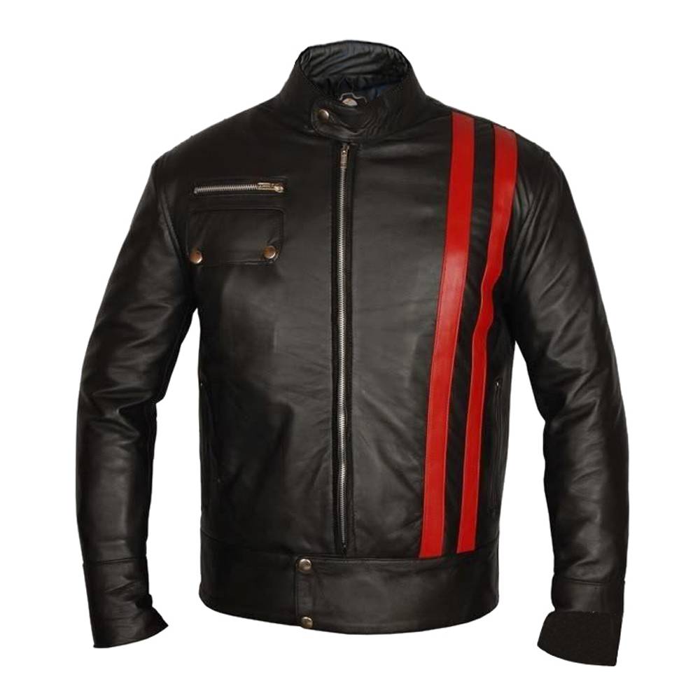 Veste motard en cuir à rayures rouges