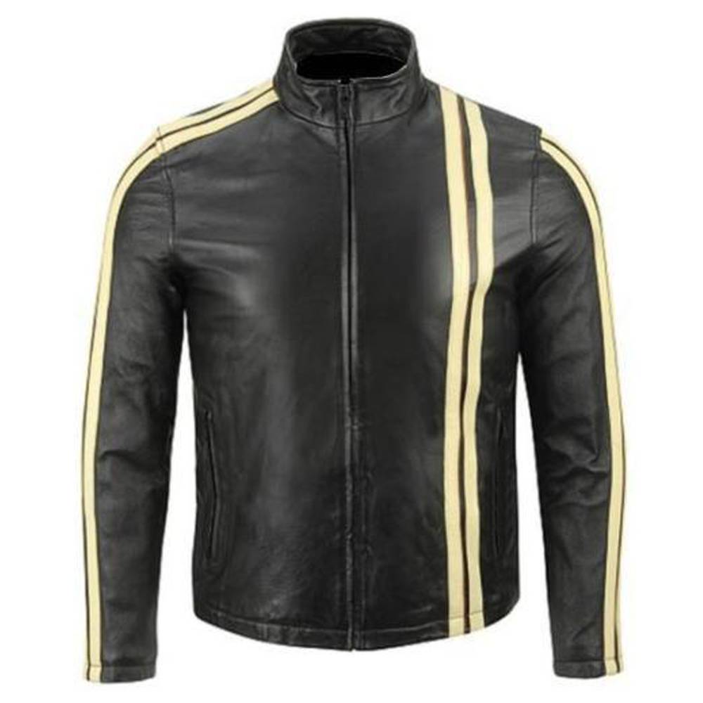 Veste de moto classique en cuir pour homme à rayures jaunes