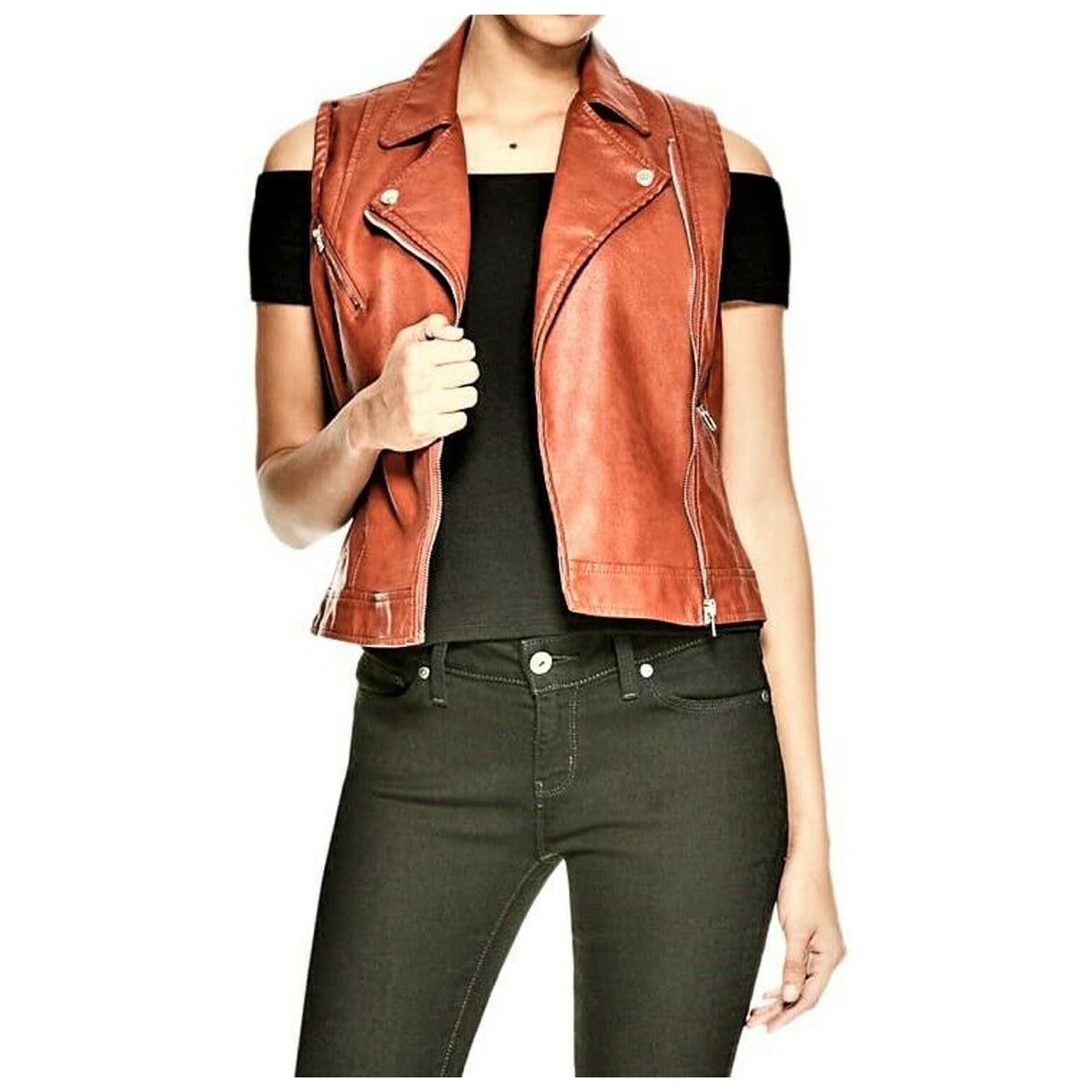 Gilet de moto en cuir véritable pour femme marron rouille