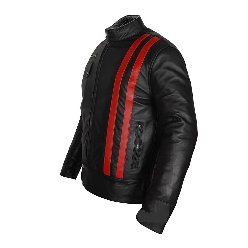 Veste motard en cuir à rayures rouges