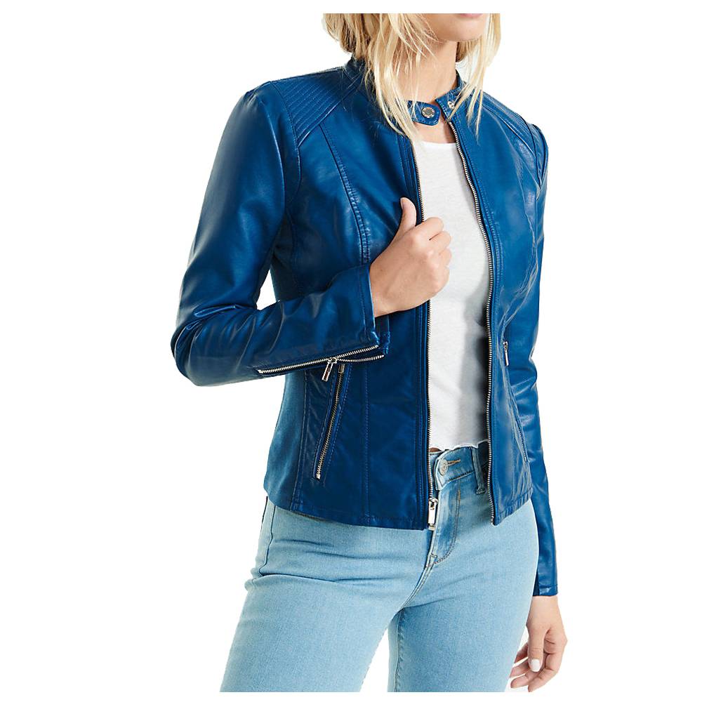 Veste de moto en cuir d'agneau souple bleu pour femme