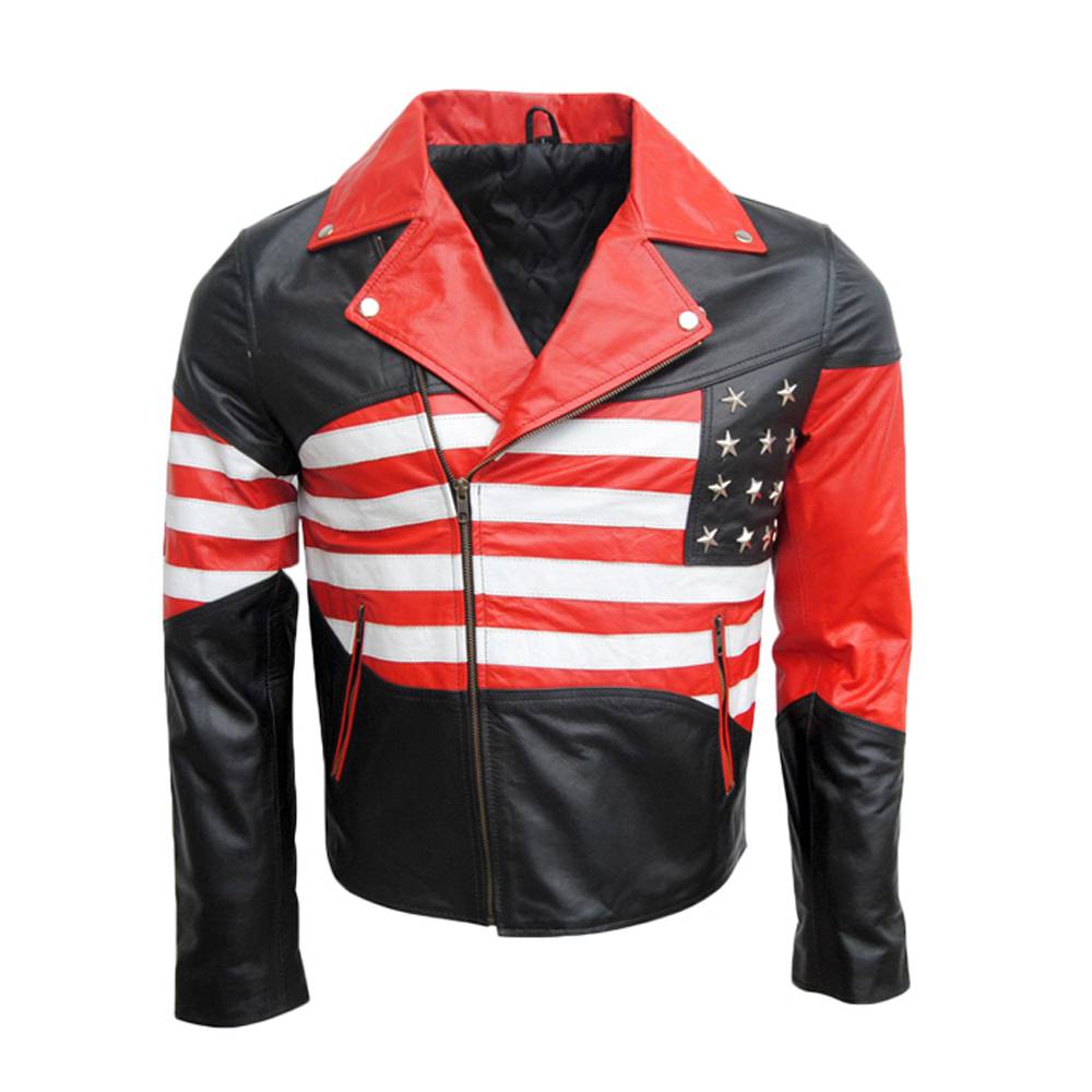 Veste de motard en cuir avec drapeau américain pour homme