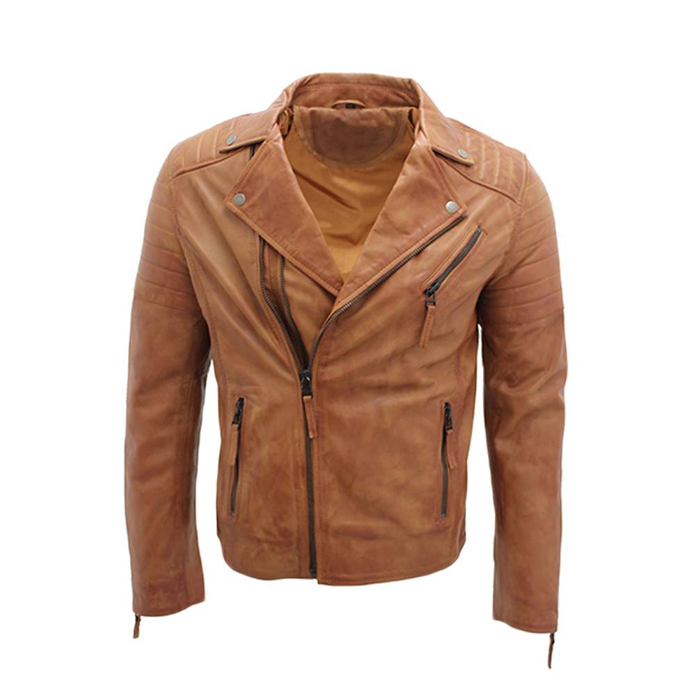 Veste de moto en cuir marron de qualité pour homme