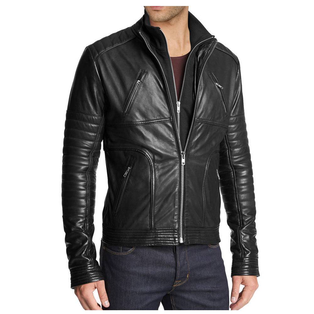 Veste en cuir noir tendance à fermeture éclair pour hommes