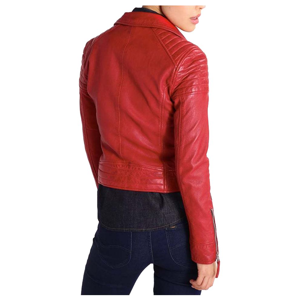 Veste de moto en cuir véritable rouge coupe slim pour femme