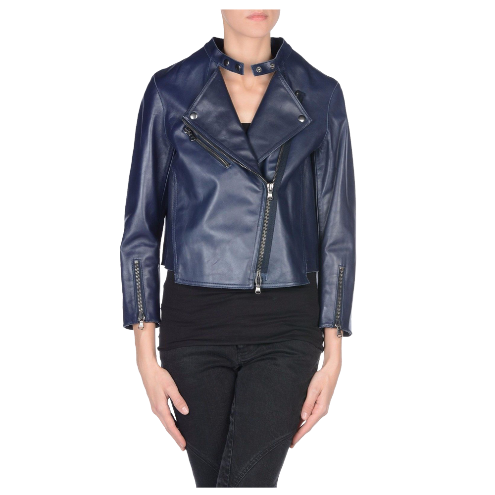 Veste motard en cuir bleu marine pour femme