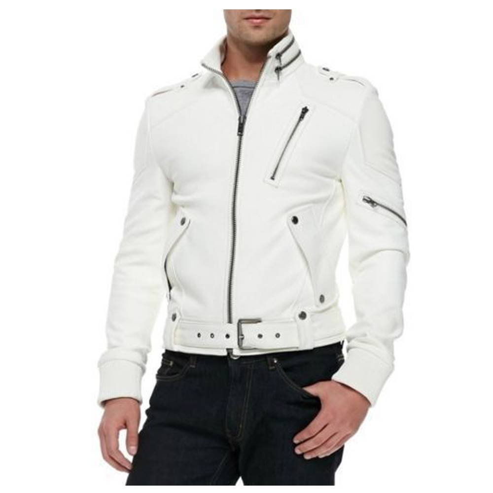 Veste en cuir blanc pour homme Racer Moto Biker