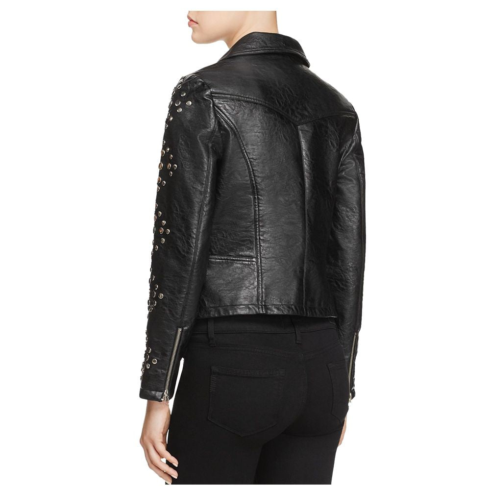 Veste motard en cuir clouté pour femme, noire