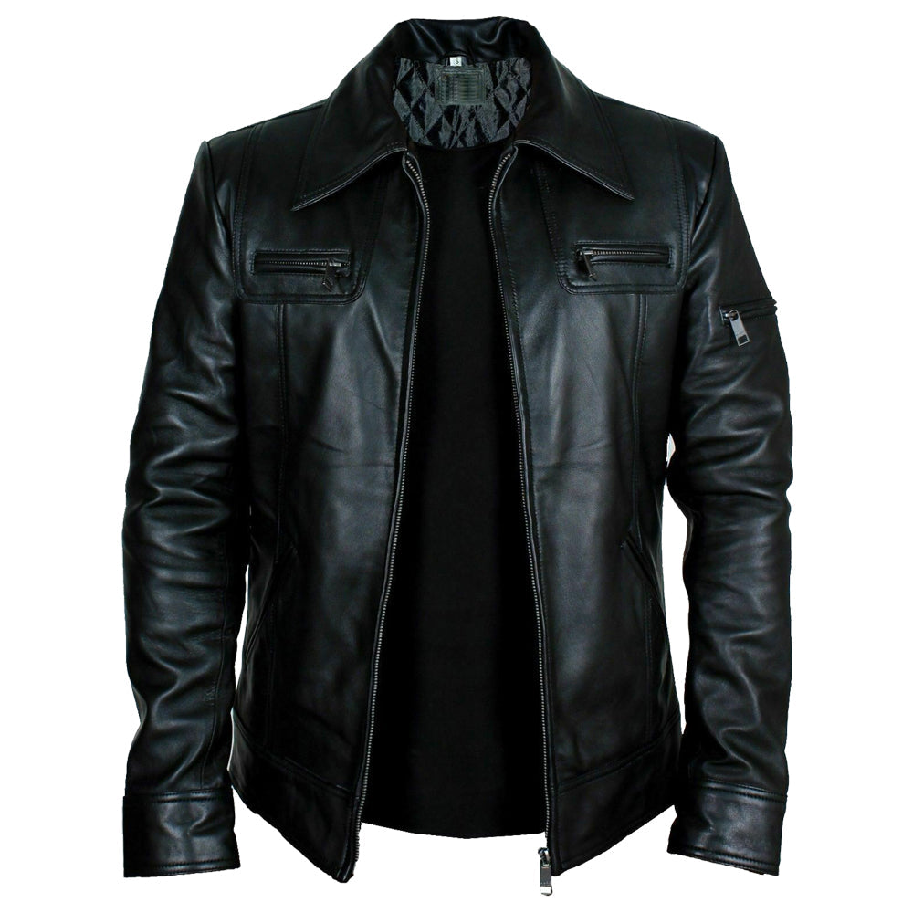 Veste en cuir noir rétro coupe slim pour homme Buster