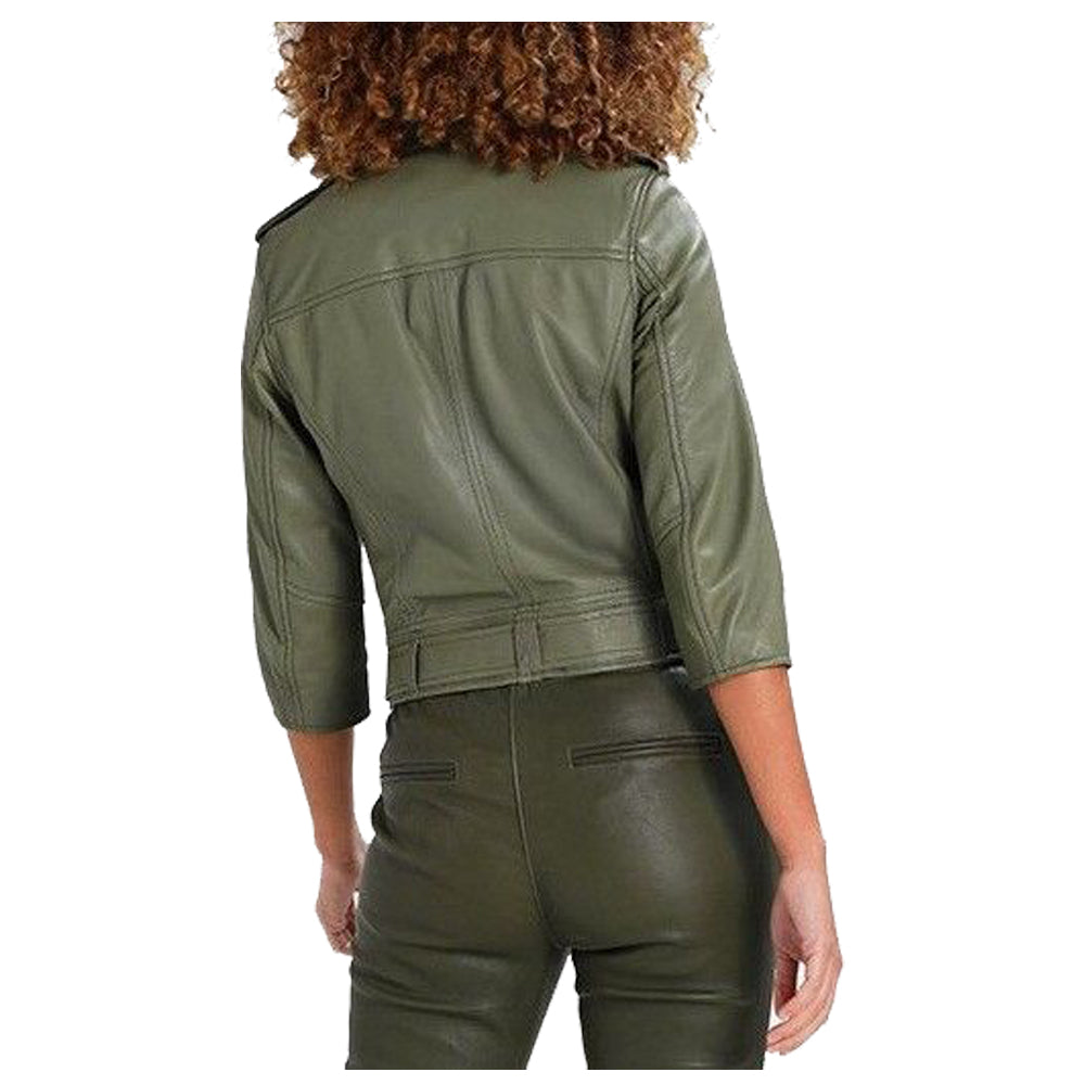 Veste de moto en cuir véritable vert olive pour femme