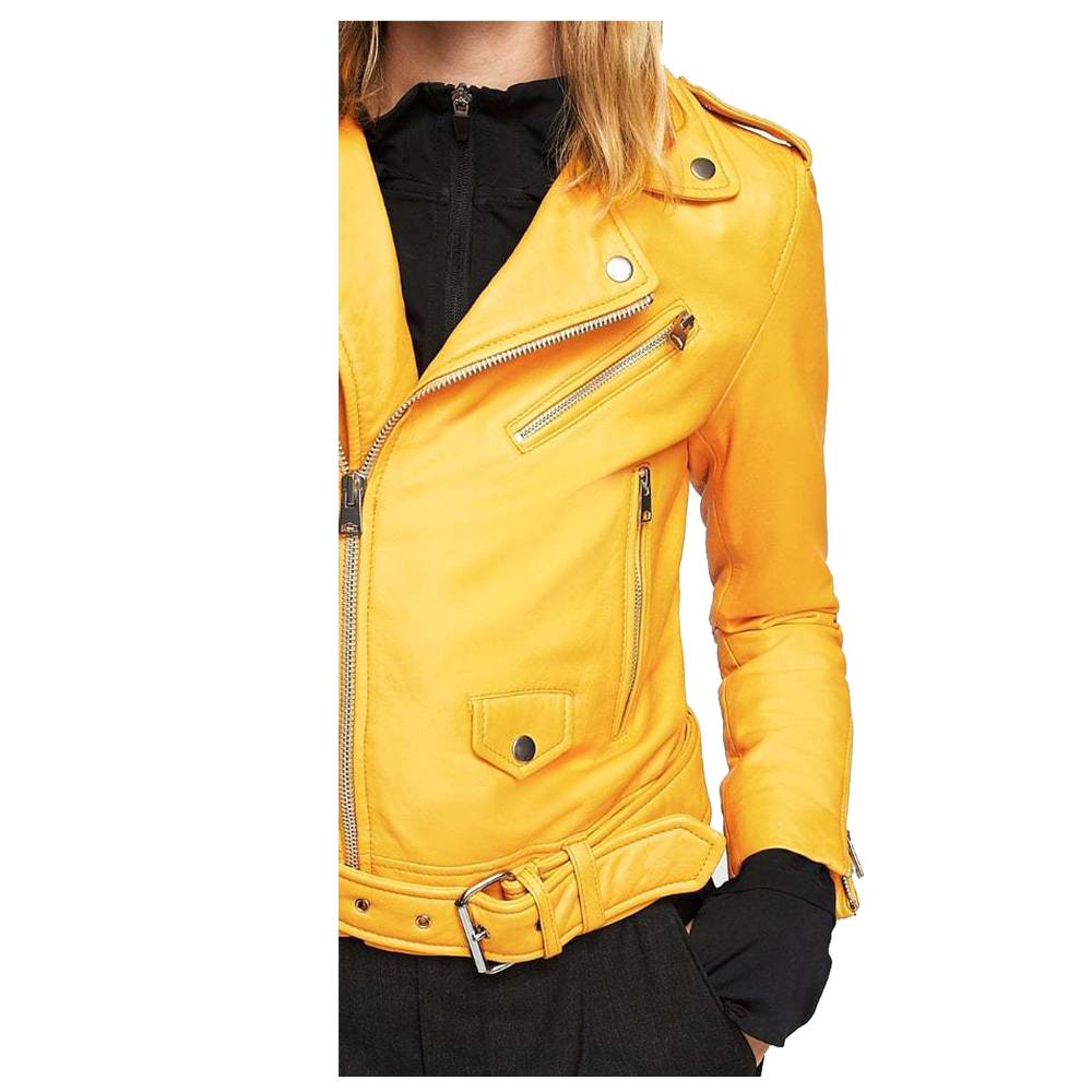 VESTE DE MOTO EN CUIR VÉRITABLE COUPE SLIM JAUNE MANGO POUR FEMMES