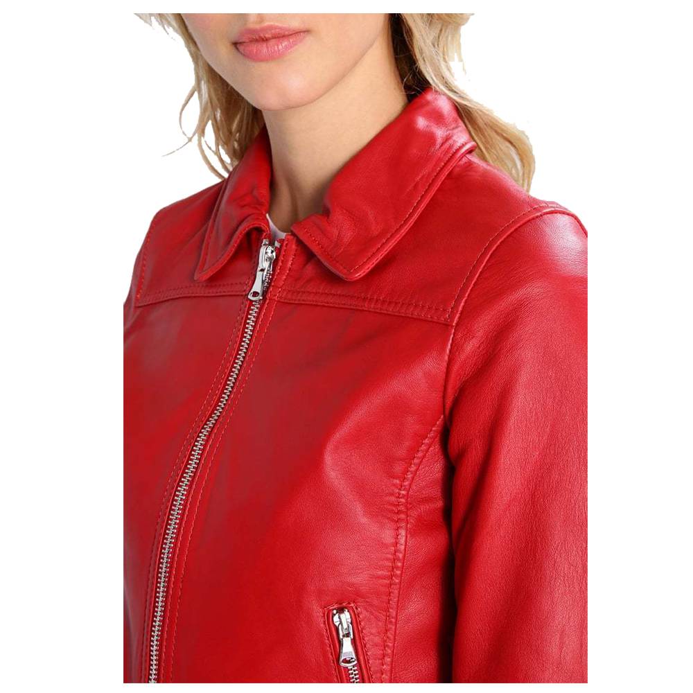 VESTE DE MOTO BOMBER ROUGE POUR FEMME EN CUIR D'AGNEAU COUPE SLIM