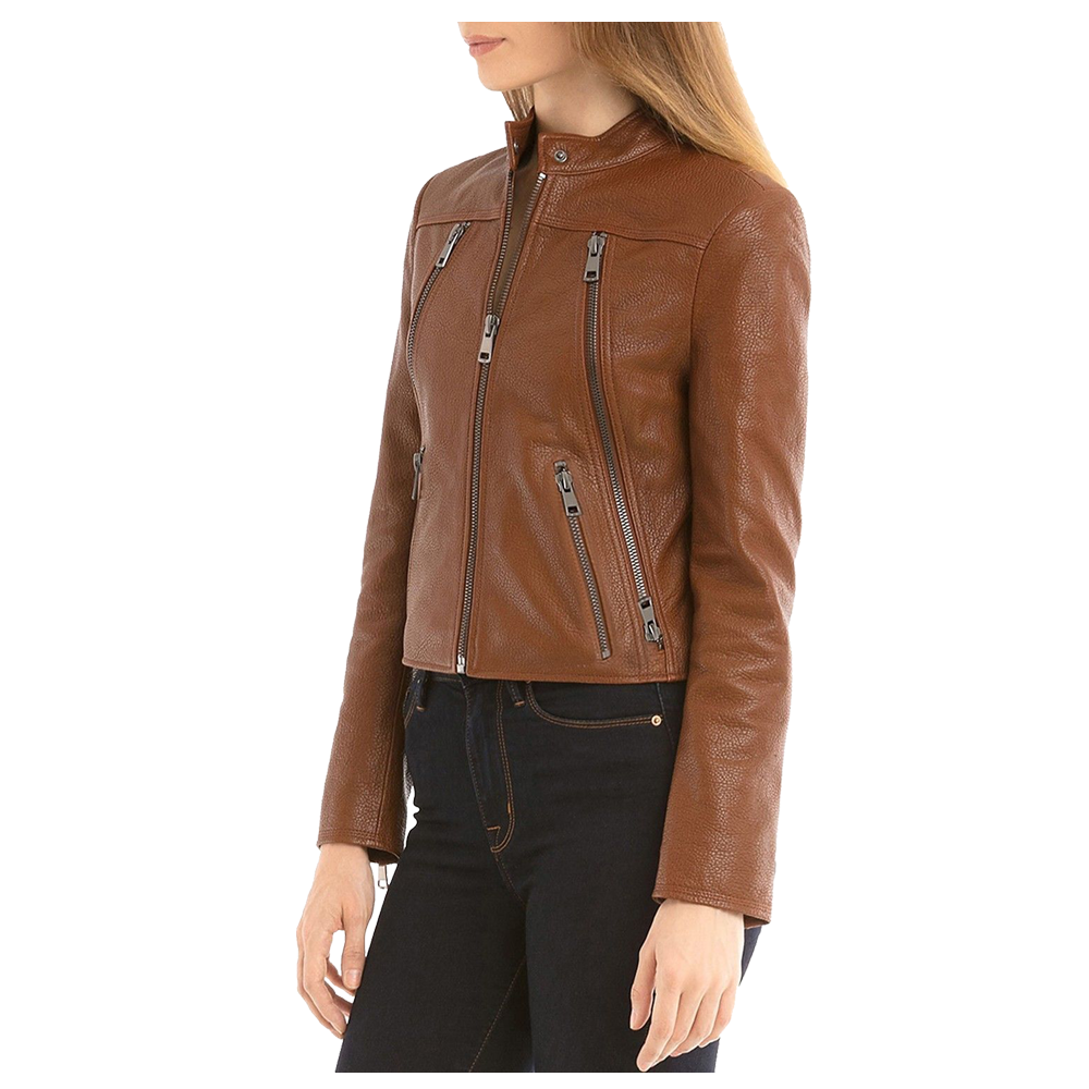 Veste de motard en cuir marron coupe slim pour femme