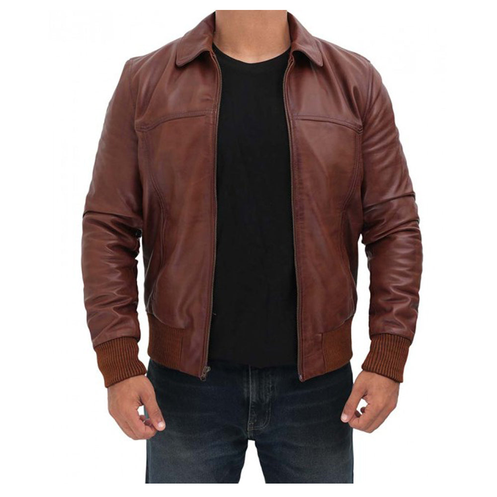 Veste en cuir vieilli style aviateur marron foncé pour homme