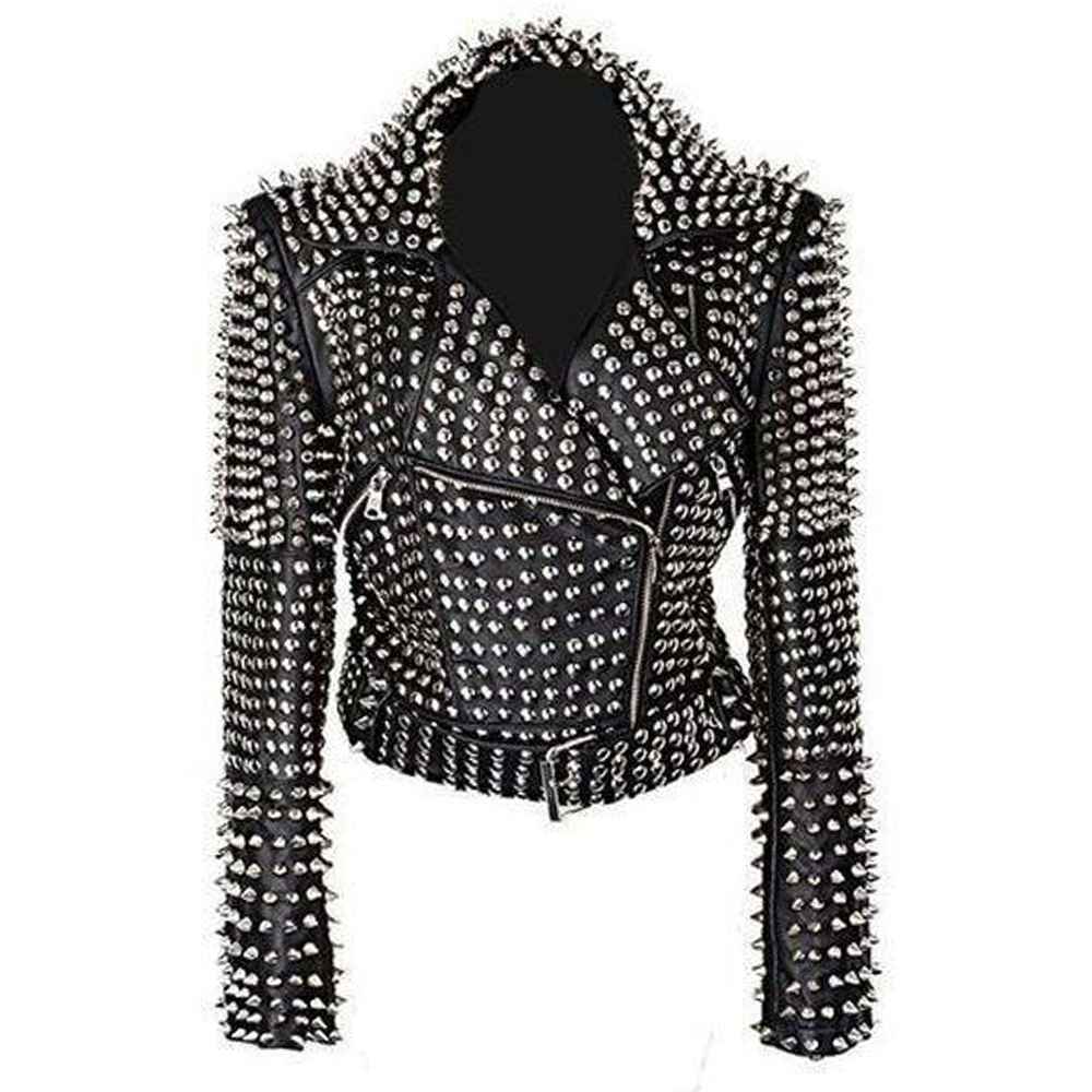 Veste en cuir punk à clous en métal lourd pour femme