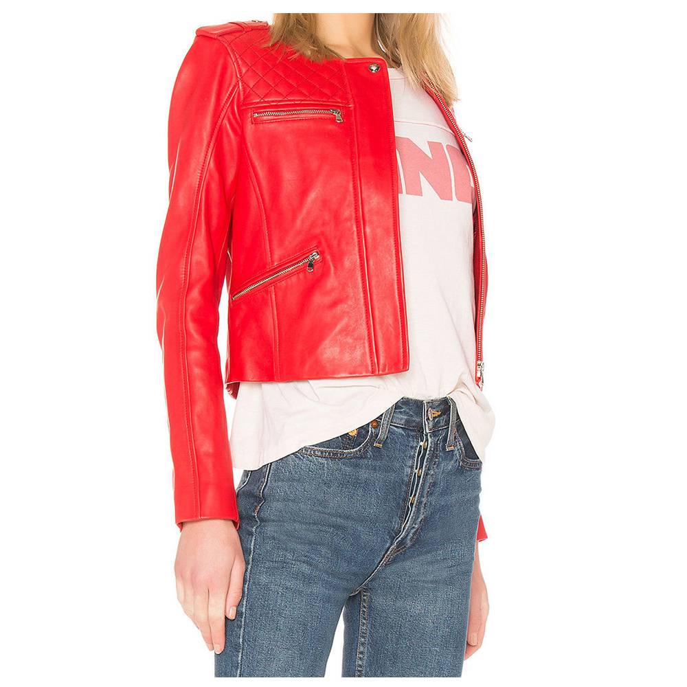 Veste de moto en cuir rouge pour femme