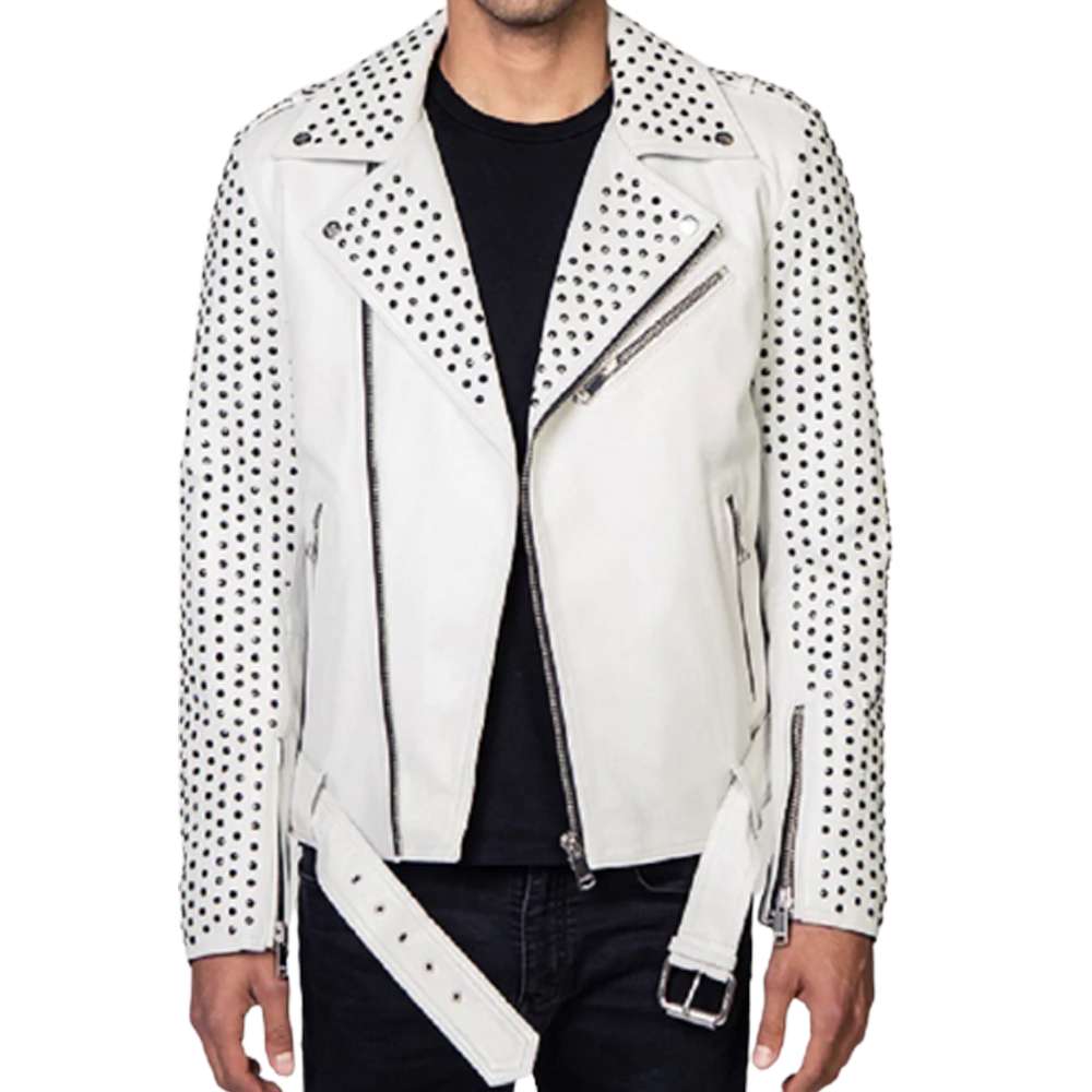 Ceinture de veste de motard en cuir de vachette blanc clouté argenté pour homme