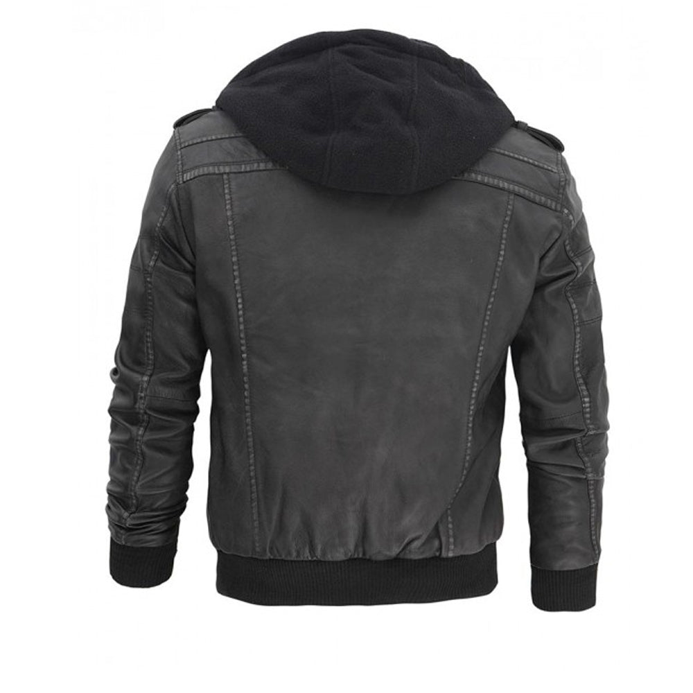 Veste en cuir à capuche grise pour homme