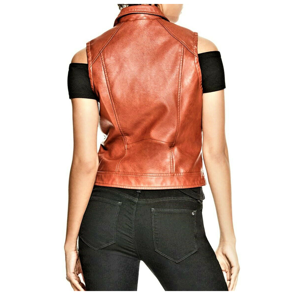 Gilet de moto en cuir véritable pour femme marron rouille