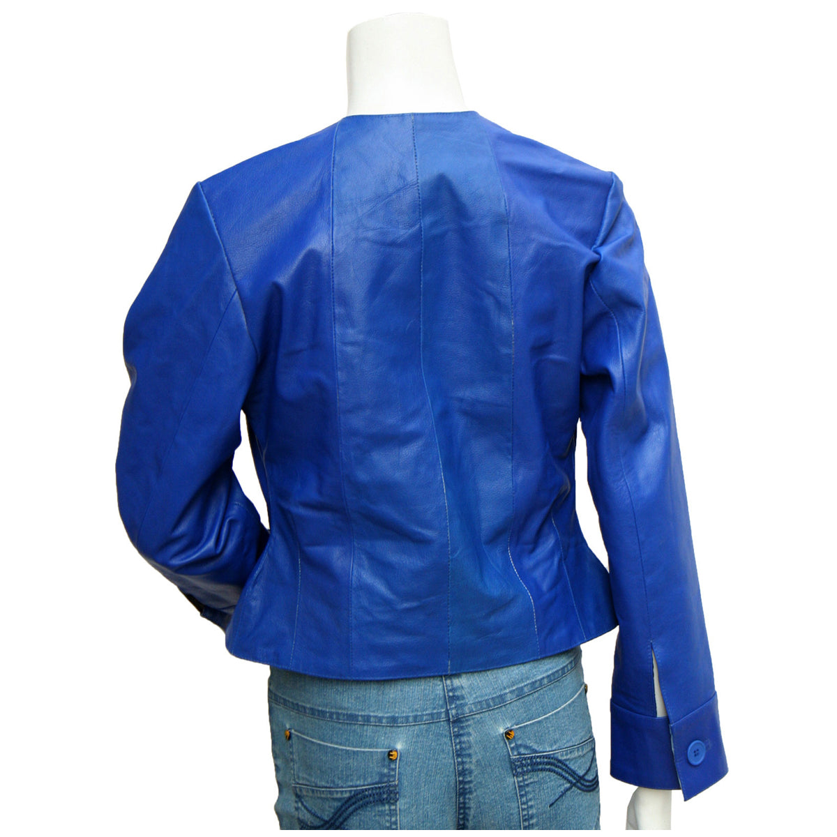 Veste sans col en cuir bleu pour femme