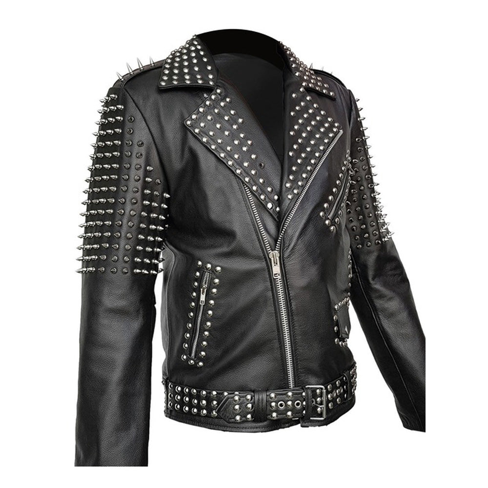 Veste en cuir véritable pour homme, veste de style punk à clous