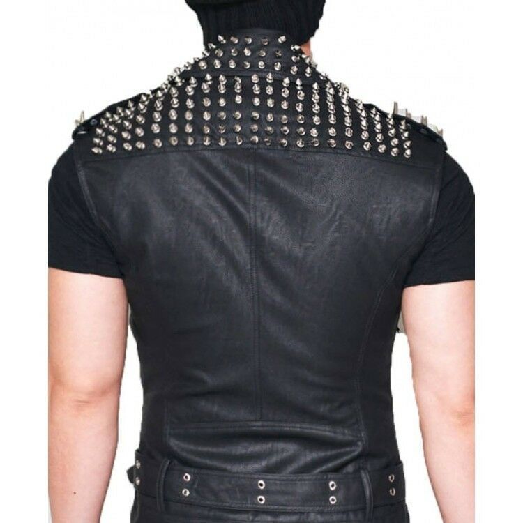 Gilet punk en cuir véritable noir pour homme avec pointes argentées