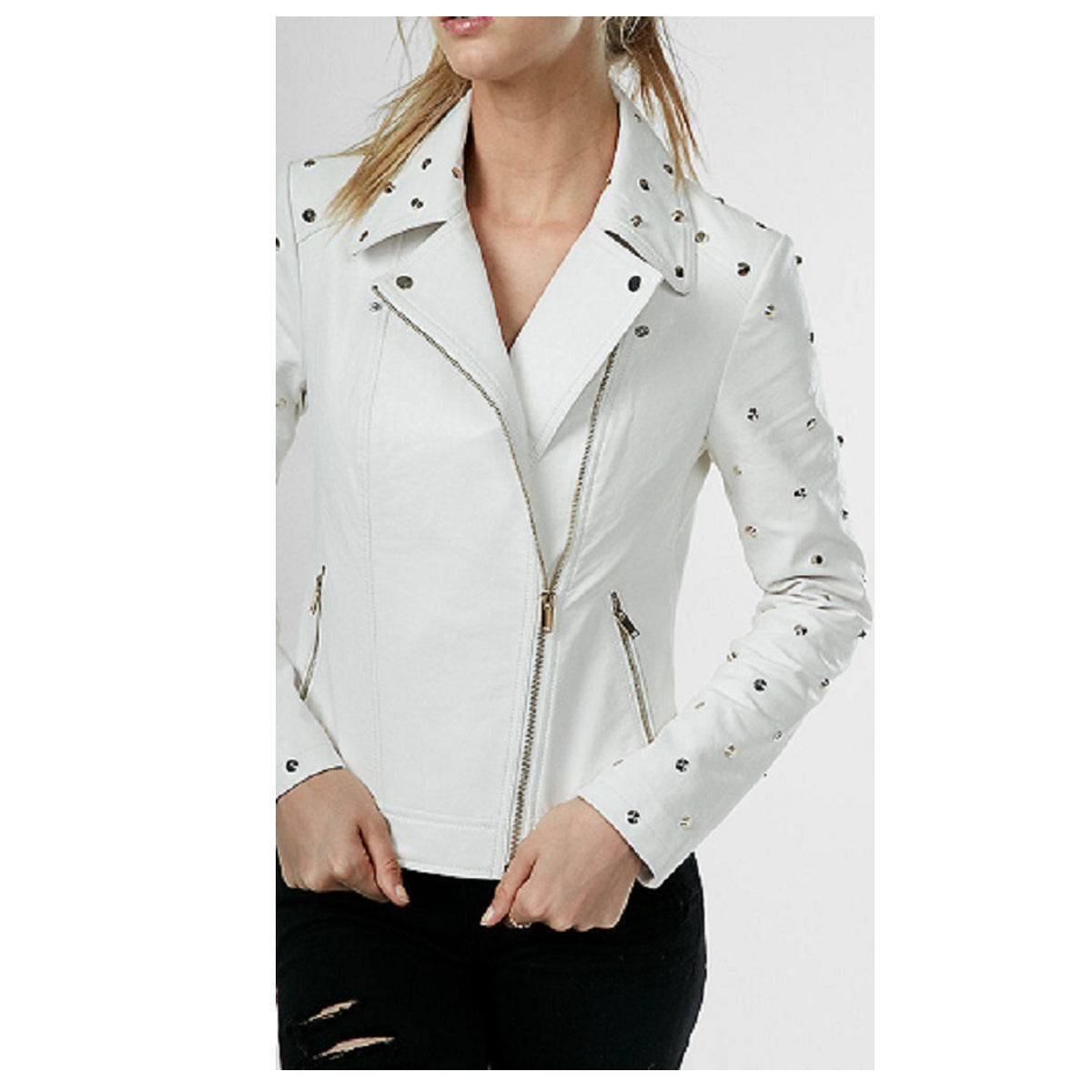 Veste de soirée en cuir blanc clouté doré pour femme