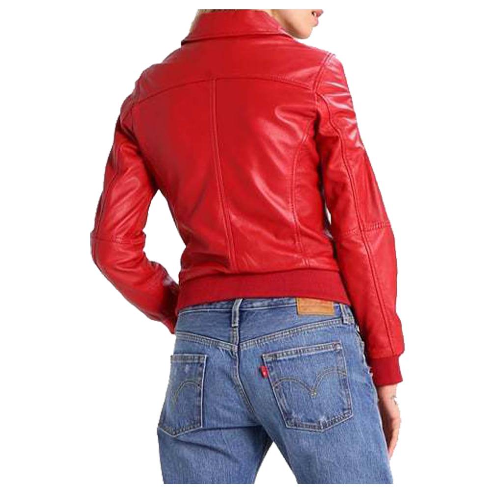 VESTE DE MOTO BOMBER ROUGE POUR FEMME EN CUIR D'AGNEAU COUPE SLIM