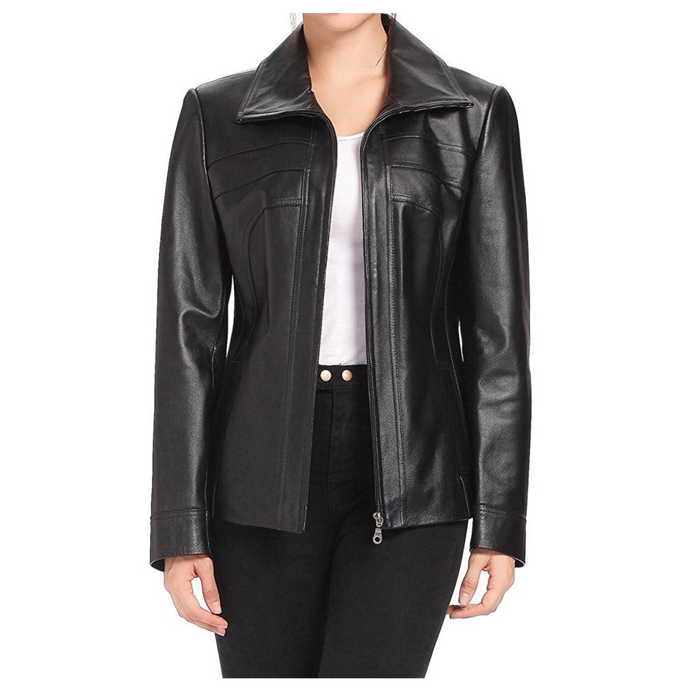 Veste en cuir noir tendance en peau d'agneau pour femme 