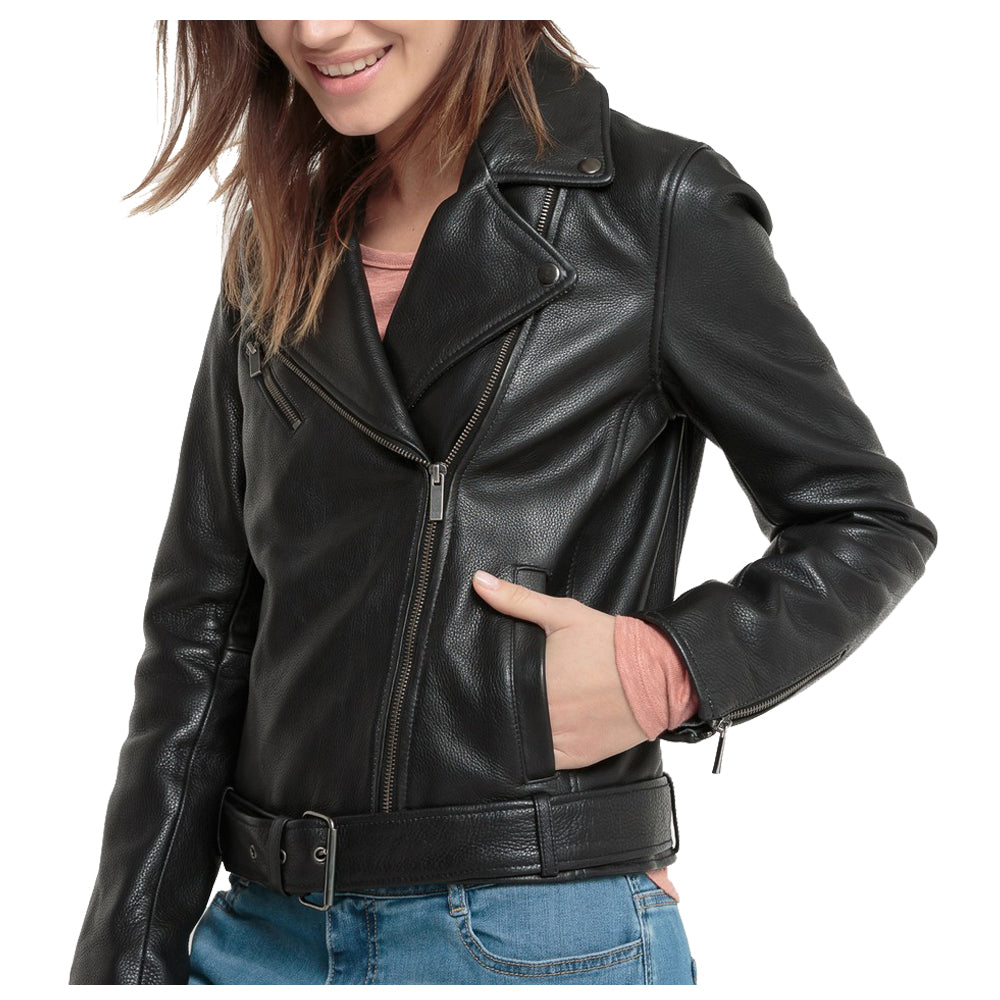 Veste en cuir d'agneau noir pour femme