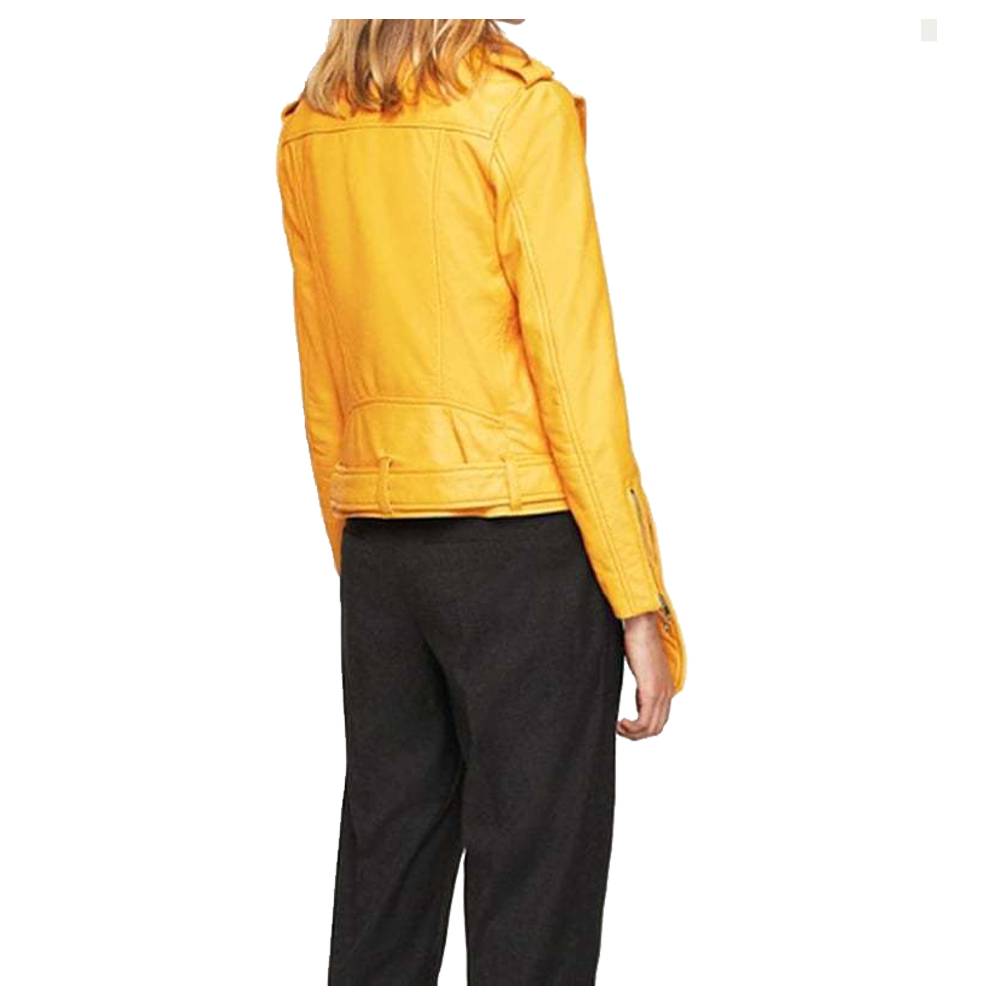 VESTE DE MOTO EN CUIR VÉRITABLE COUPE SLIM JAUNE MANGO POUR FEMMES