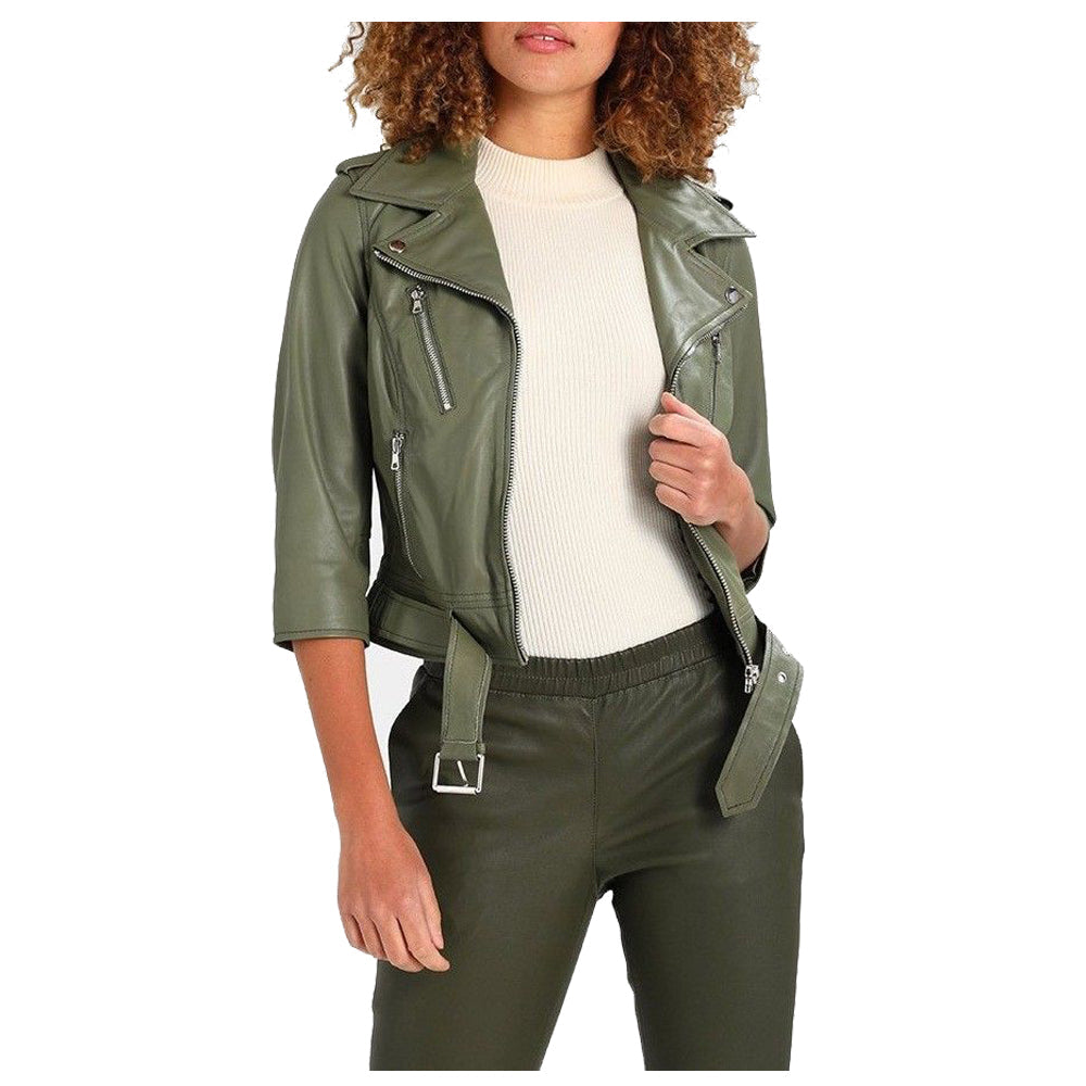 Veste de moto en cuir véritable vert olive pour femme