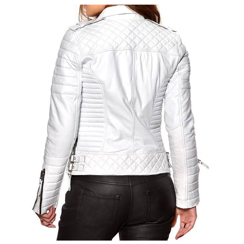 Veste de moto en cuir souple et ajustée pour femme, blanche