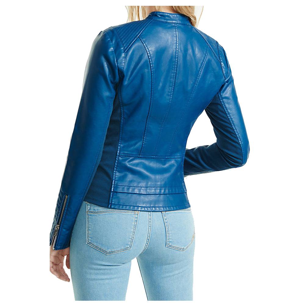 Veste de moto en cuir d'agneau souple bleu pour femme