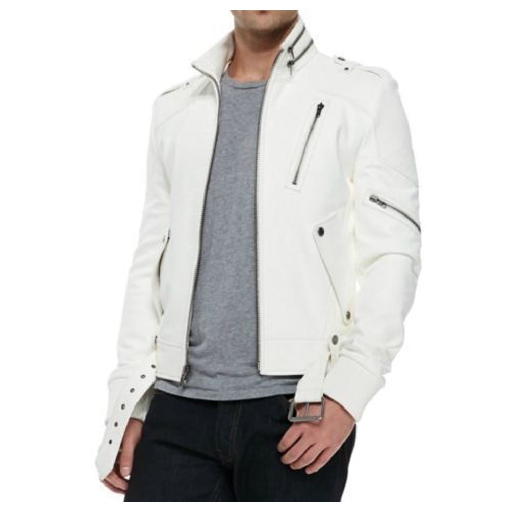 Veste en cuir blanc pour homme Racer Moto Biker