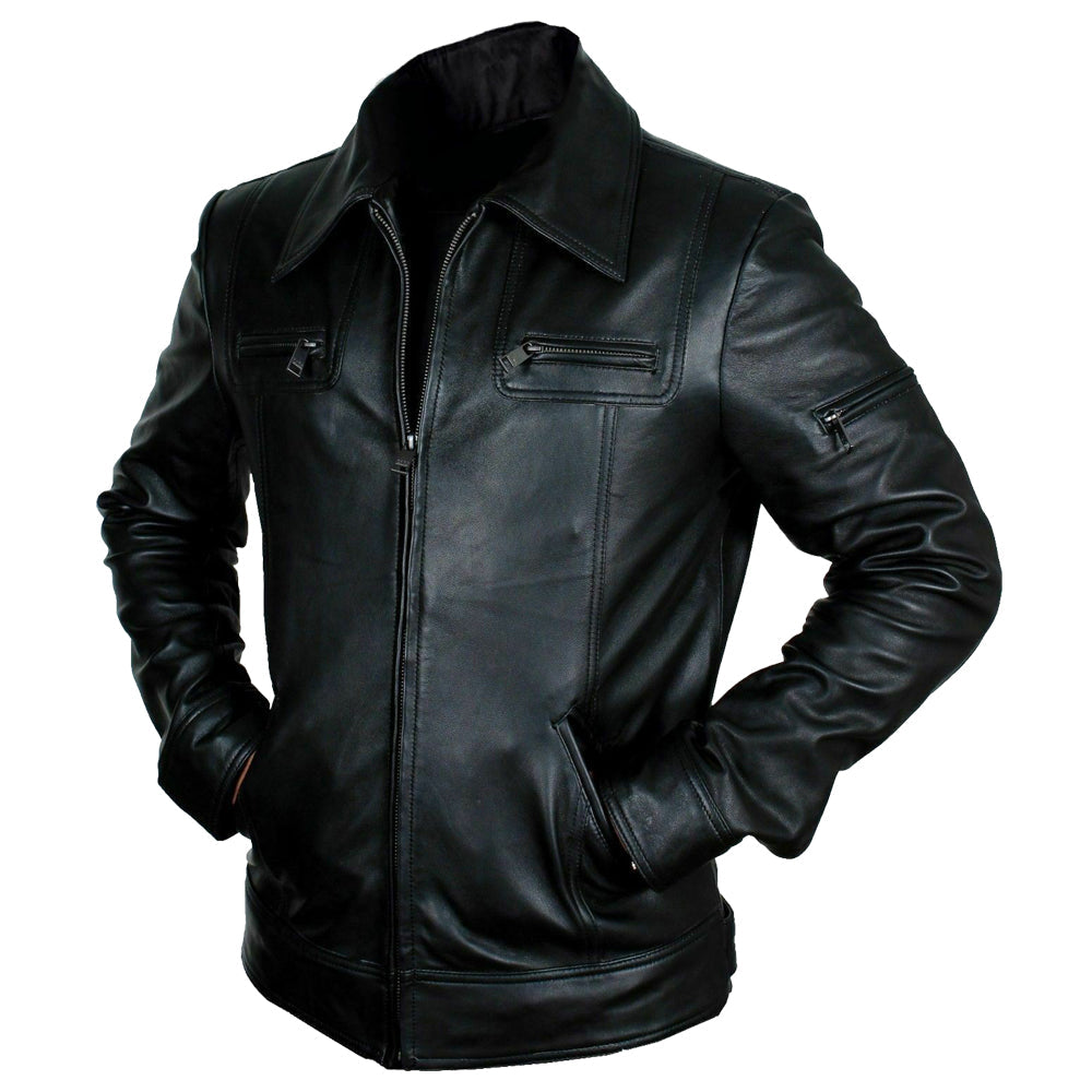 Veste en cuir noir rétro coupe slim pour homme Buster