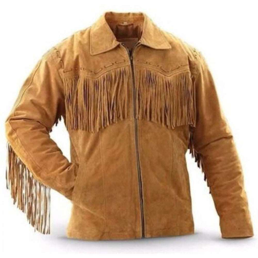 Veste à franges en cuir suédé marron style cowboy western