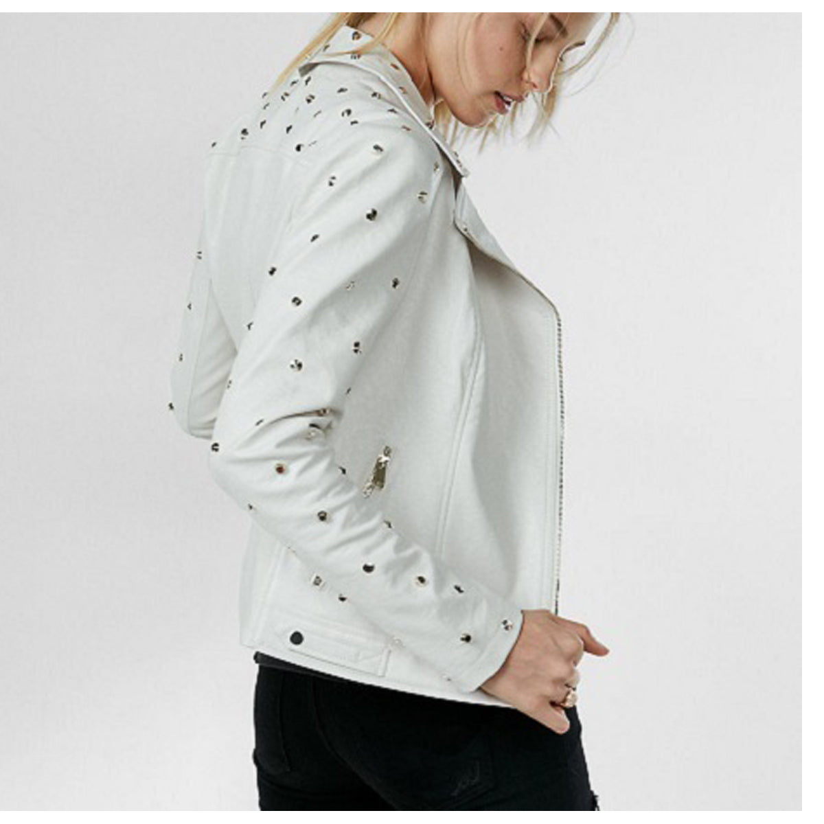 Veste de soirée en cuir blanc clouté doré pour femme