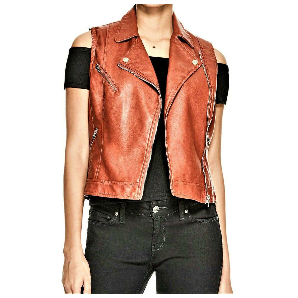 Gilet de moto en cuir véritable pour femme marron rouille