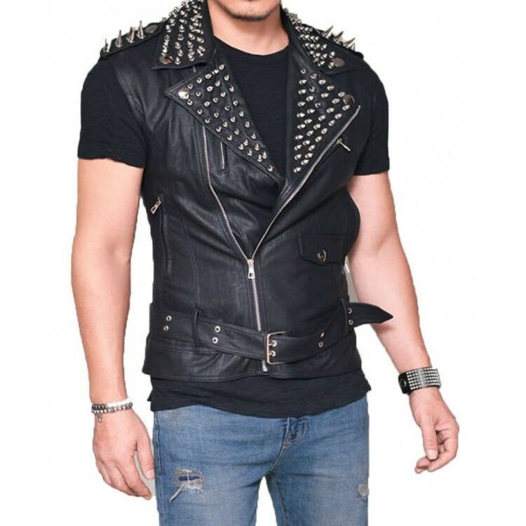 Gilet punk en cuir véritable noir pour homme avec pointes argentées